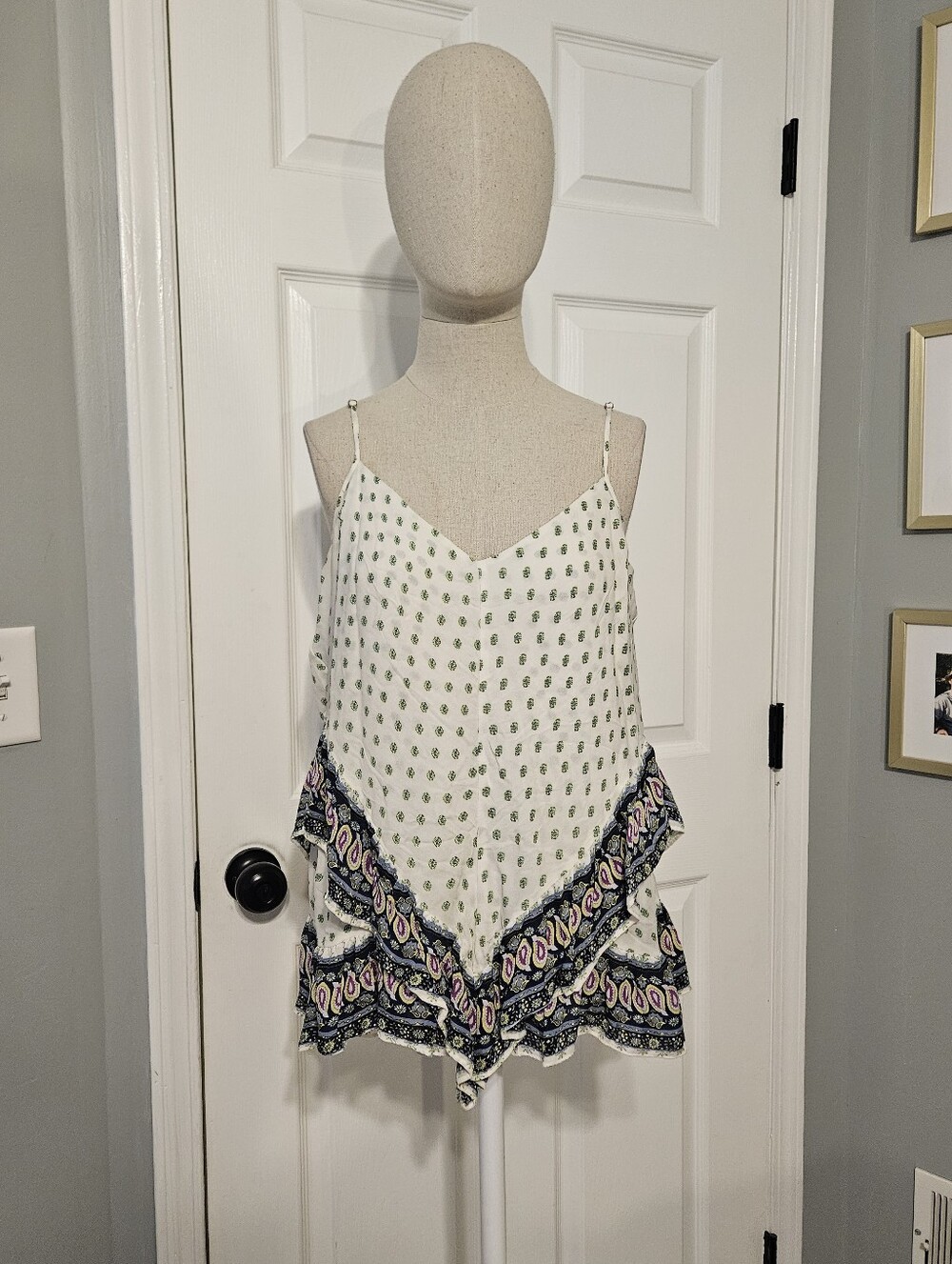 White Paisley-Trim V-Neck Cami Tank Top